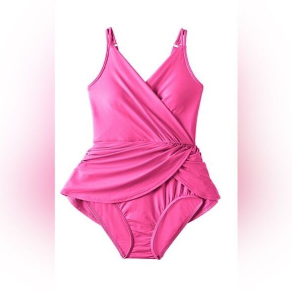 Lands' End Women's Chlorine Resist Tulip Wrap Swim Dress Swimsuit NWT Sz M Pink - Picture 4 of 10